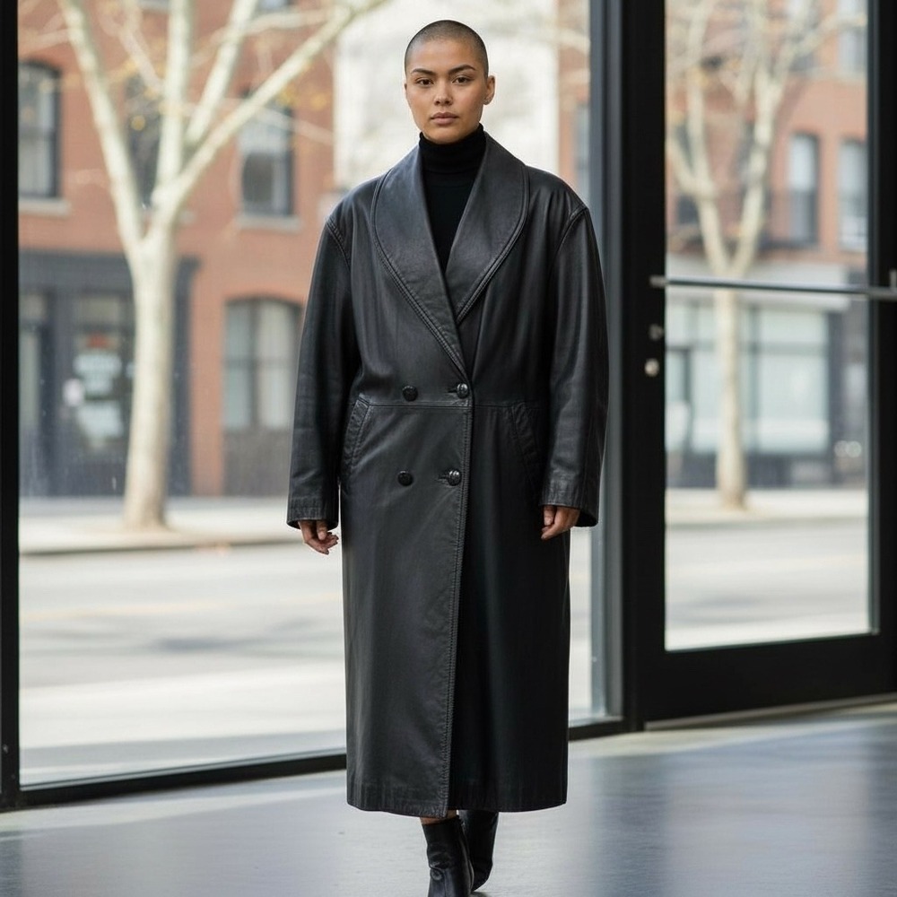 Vintage Oversized Black Leather Duster Shawl Collar Minimalist 90s NYC Runway  L